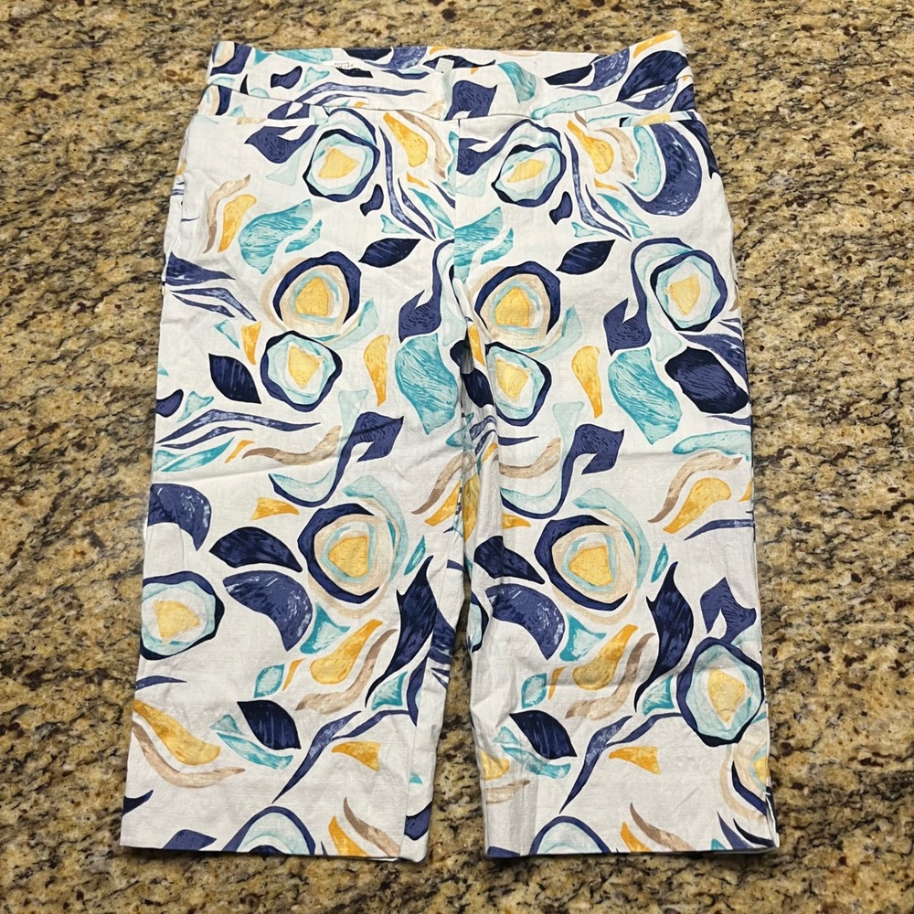 Chicos Brigitte Slim Leg‎ Abstract Print Crop Pants Navy Teal White Size 3R 16R